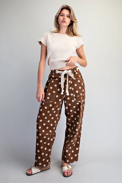 Polka Dot Front Tie Barrel Pants