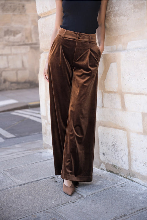 Wide Velvet Flowing Trousers with Double-Button Fastening