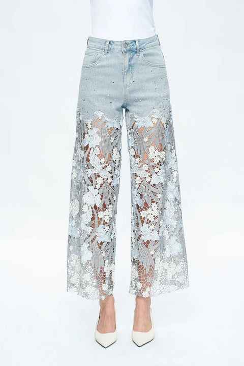 BAYEAS - HIGH RISE WIDE LEG JEANS WITH LACE SPLICED BLUE-Fashion-BAYEAS-LESLEY BLUE-26-Urbanheer