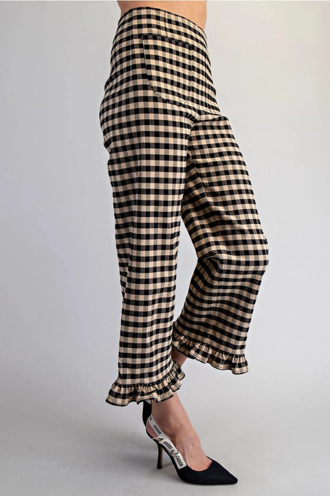 Gingham Ruffle Trim Straight Leg Pants