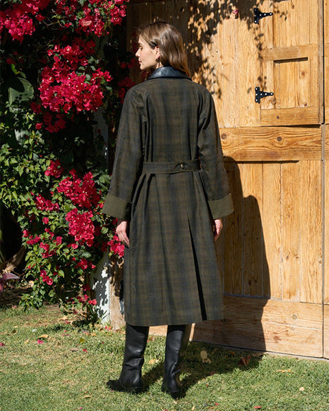 Contrast Faux Leather Collar Plaid Coat