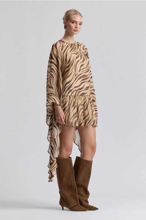 Waterfall Sleeve Zebra Print Crinkle Georgette Mini Dress