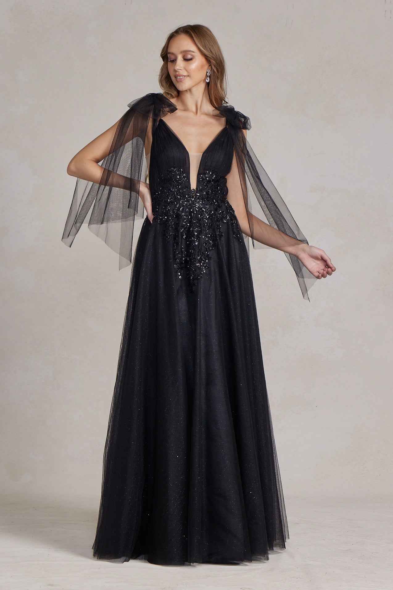 Tulle Skirt Deep Illusion V-Neck Dress-NXAB-00-BLACK-Urbanheer