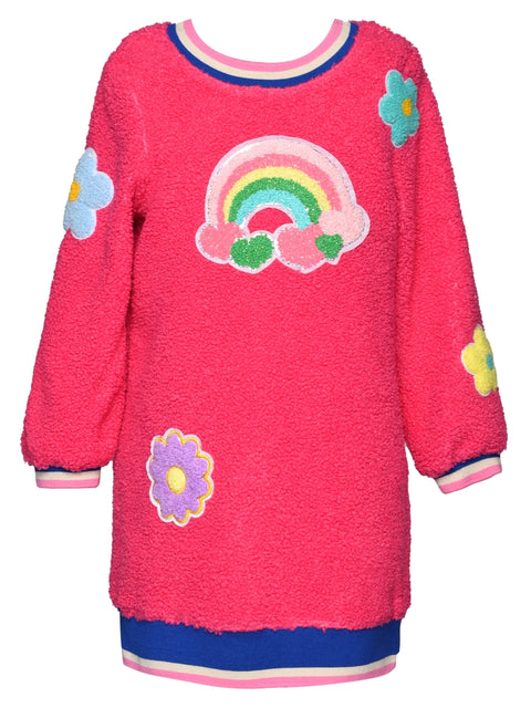 L/S Sherpa Dress w/ Rainbow and Flower Patch Detail