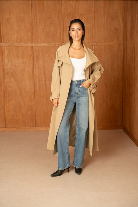 Utility Oversized Long Belted Trench with Stand-Up Collar