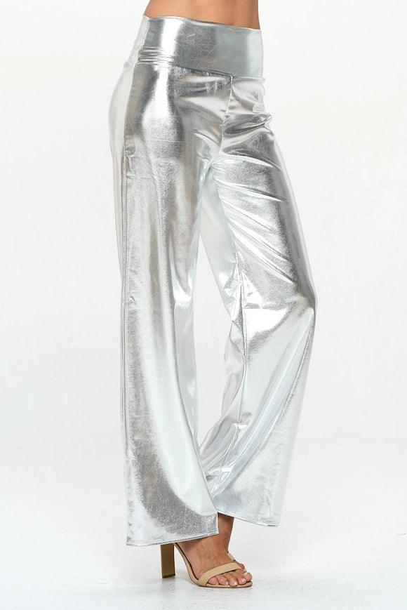 Made in USA Metallic Wide Leg Pants with Thick Waistband SILVER-Pants-Renee C.-Urbanheer