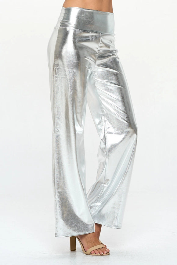 Made in USA Metallic Wide Leg Pants with Thick Waistband SILVER-Pants-Renee C.-SILVER-S-Urbanheer