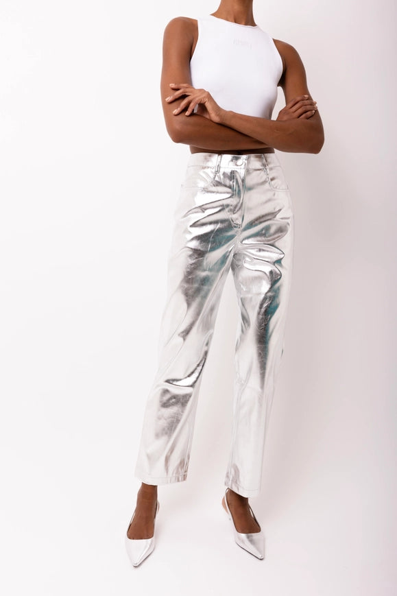 Lupe Straight Faux Leather Metallic Pants Silver-Pants-Amy Lynn-S-Urbanheer