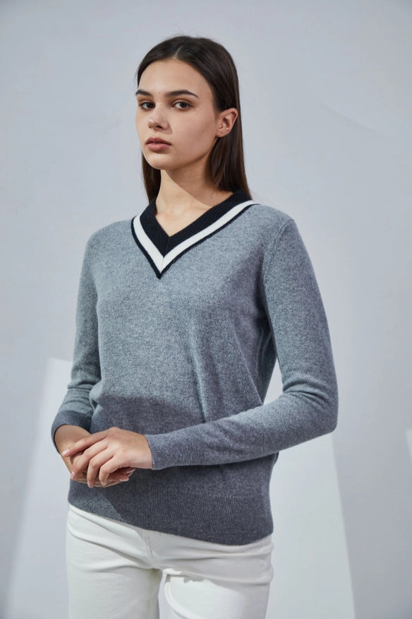 Contrasting V-Neck Cashmere Sweater-Sweater-Pissenlit-Azure-S-Urbanheer