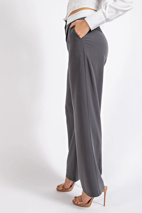 High Waisted Twill Trousers w/ Waist Contrast CHARCOAL/WHT-Trousers-EDIT by NINE-S-Urbanheer