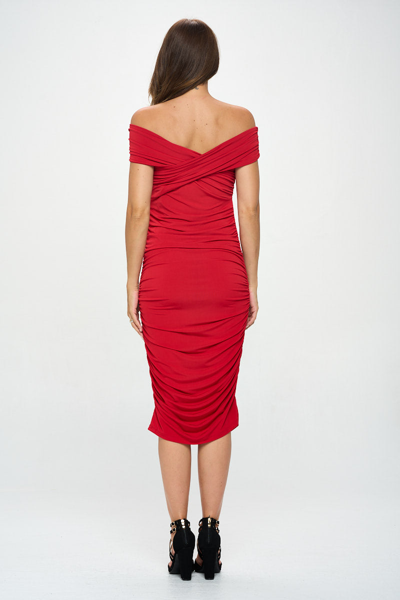 Solid Off Shoulder Midi Bodycon Dress-Renee C.-S-Urbanheer