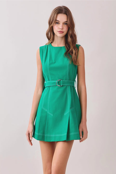 Contrast Topstitching Front Pleats Detail Dress