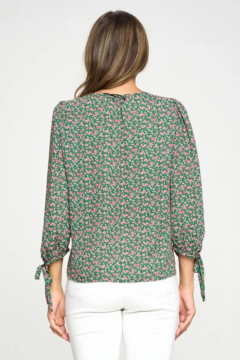 Floral Print Top With Self Tie Sleeves-Renee C.-S-Urbanheer