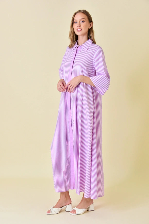 Business Casual Loose Fit Striped Maxi Shirt DRESS-Dress-Fore Collection-OFF WHITE/ORCHID-S-Urbanheer