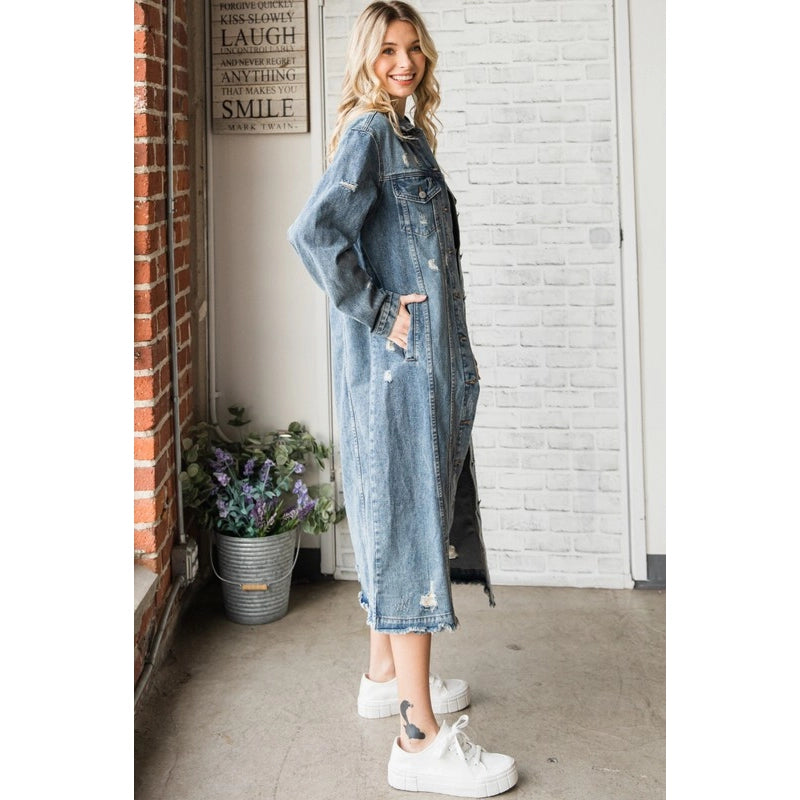 Long Sleeve Destroyed Denim Long Jacket-Jacket-Pink Irene Wholesale-S-Urbanheer