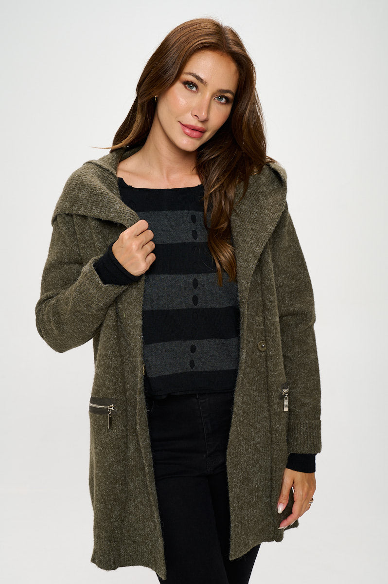 Olive Knit Open Front Cardigan With Hoodie And Zipper Detail-Renee C.-S-Urbanheer