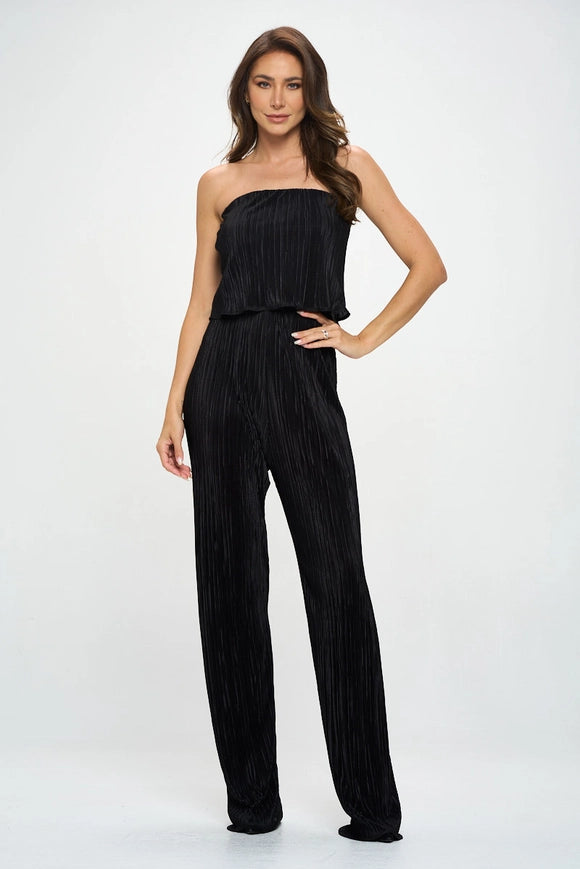 Made in USA Plisse Solid Strapless Straight Leg Jumpsuit-Jumpsuit-Renee C.-Small-Black-Urbanheer