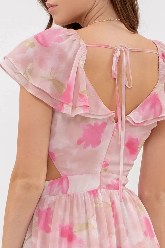 Floral Waist Cut Out Ruffle Midi Dress DUSTY ROSE MULTI-Dress-Blu Pepper-DUSTY ROSE MULTI-Urbanheer