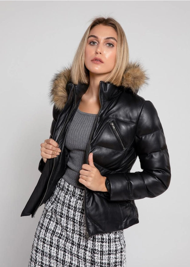 Black Women Joselyn Puffer Winter Down Leather Jacket-Jacket-Fadcloset-M-Urbanheer