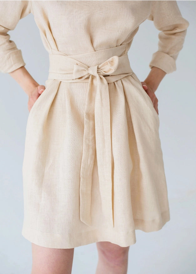 Wrap Linen Belted Beige Bridesmaid Dress For Women Mini-Dress-Nich Linen-XXS-Urbanheer