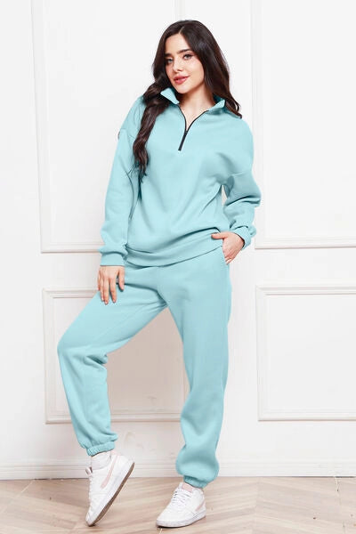 Half Zip Long Sleeve Sweatshirt and Pants Set Pastel Blue-Sets-Blak Wardrob-S-Urbanheer