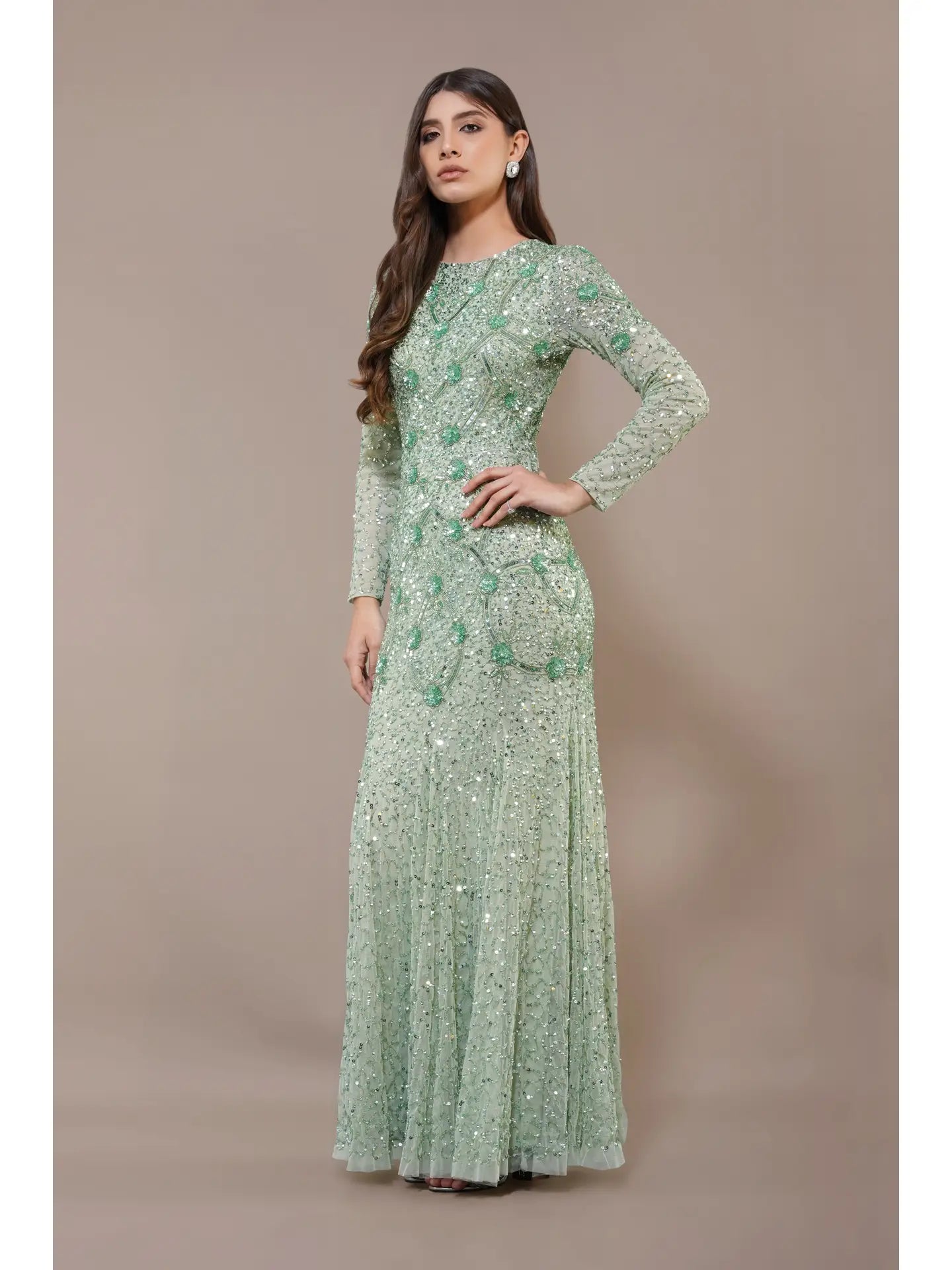 Zinnia Embellished Maxi Dress in Sage Green-Dress-Lace & Beads-UK6-Sage Green-Urbanheer