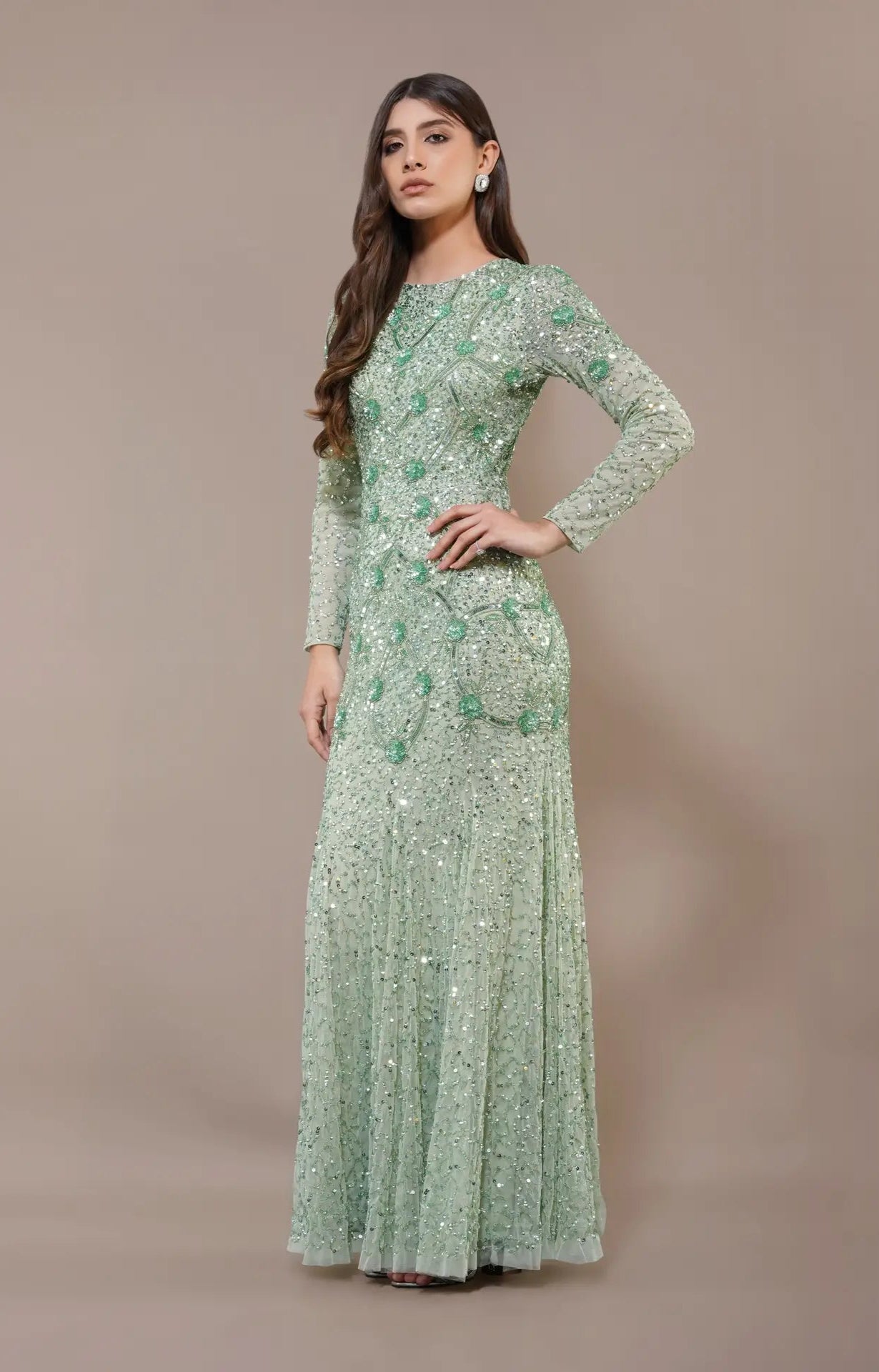 Zinnia Embellished Maxi Dress in Sage Green-Dress-Lace & Beads-UK6-Sage Green-Urbanheer