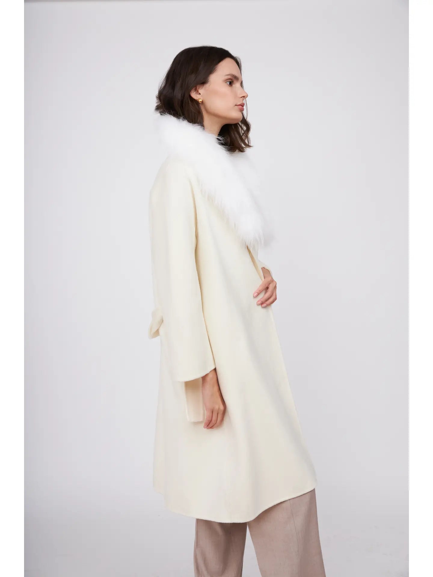 Fur Shawl Collar Cashmere Coat Ivory