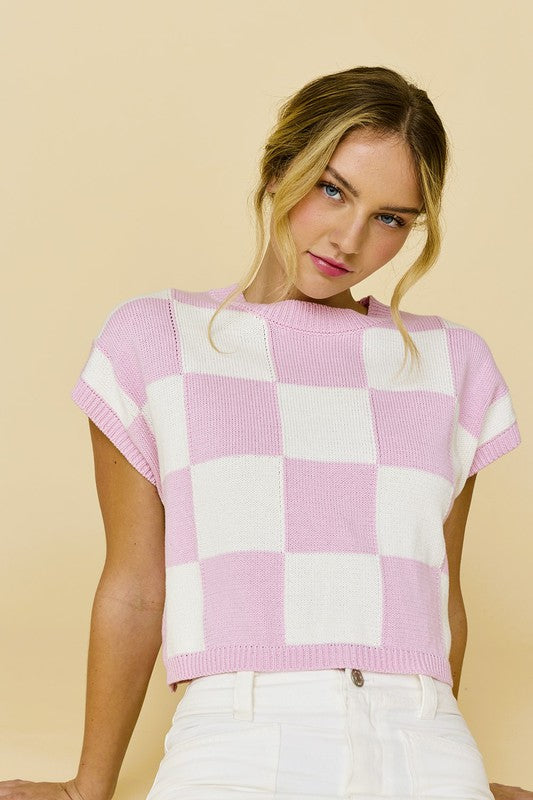 Hannah Loose Fit Checker Knit Top Pink-TOP-Papermoon-Pink-S-Urbanheer