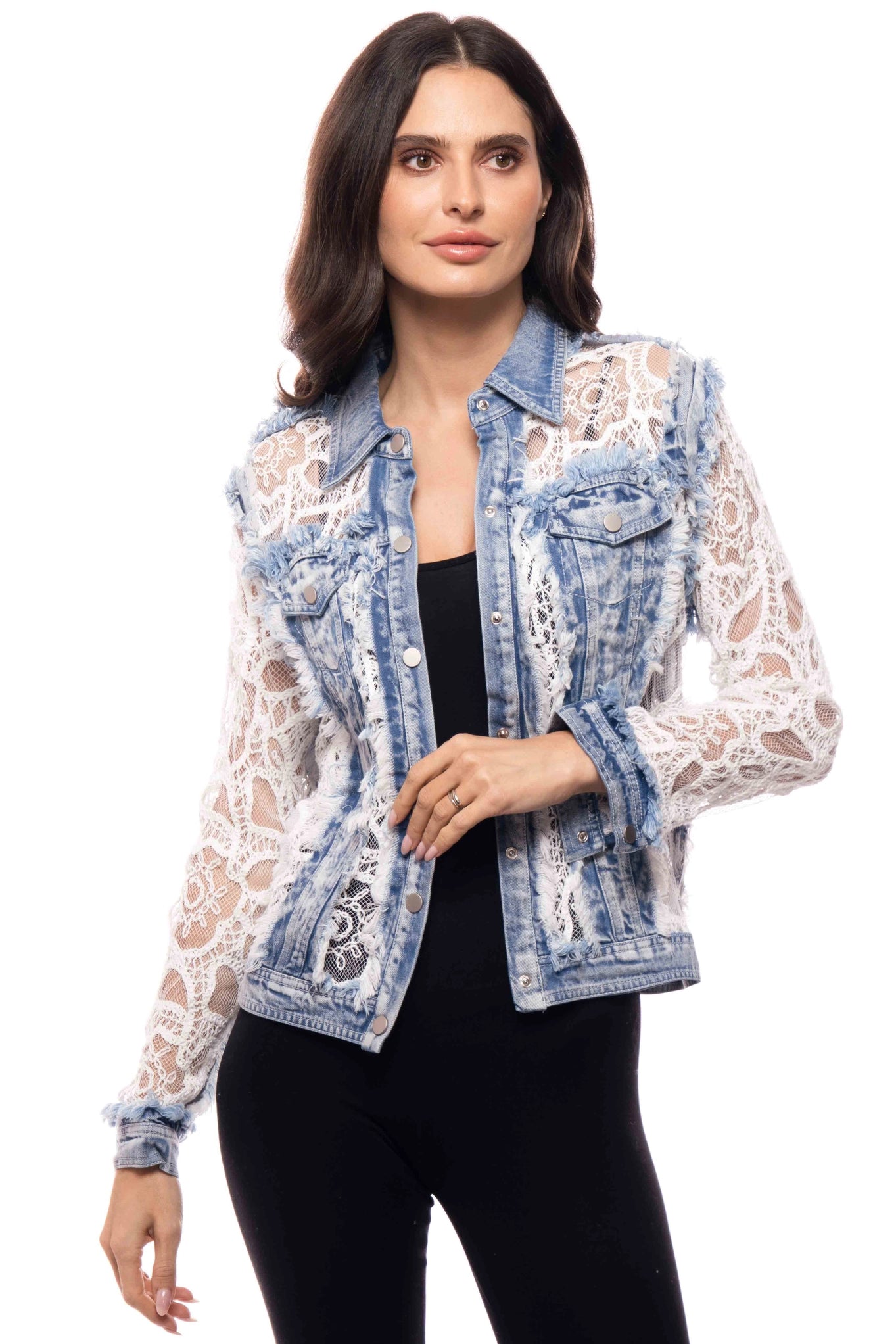 Lace Insert Distressed Denim Jacket
