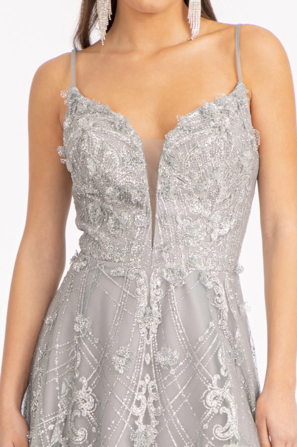 3-D Flower Applique Mesh A-line Dress w/ Glitter Embellished and Side Slit-Nightgown-Tux-USA-S-Silver-Urbanheer