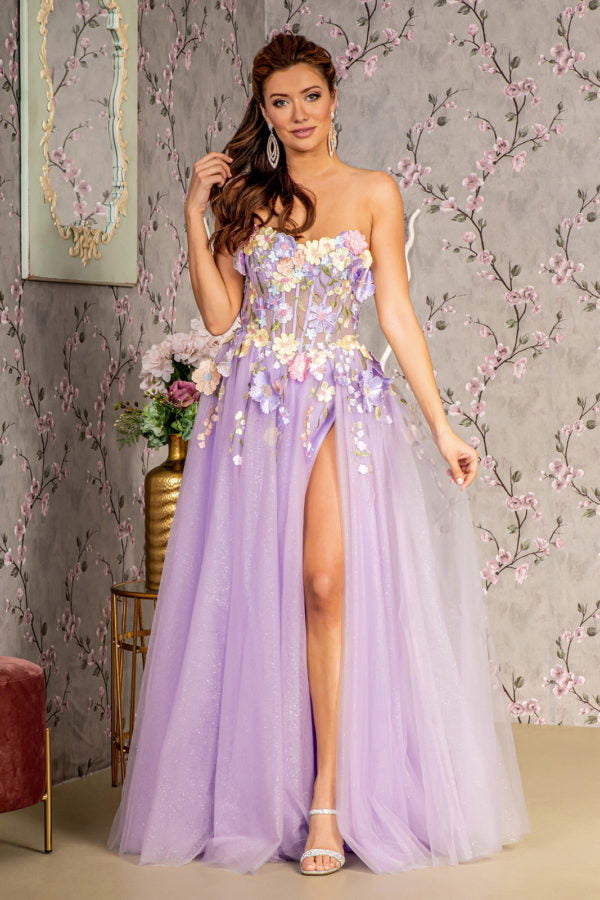 3-D Flower Glitter Mesh A-line Long Dress w/ Long Sleeves-Nightgown-Tux-USA-S-Lavender-Urbanheer