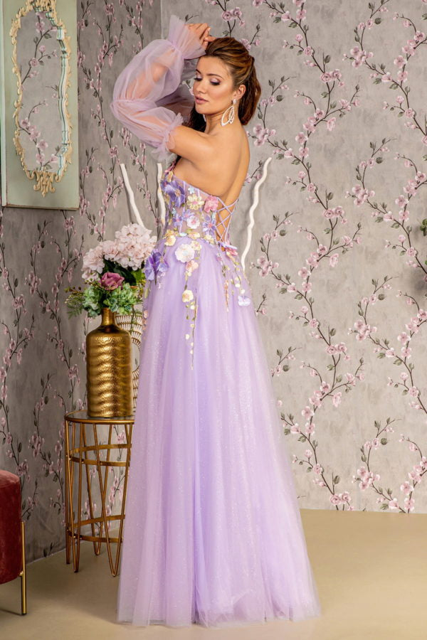 3-D Flower Glitter Mesh A-line Long Dress w/ Long Sleeves-Nightgown-Tux-USA-S-Lavender-Urbanheer