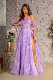 3-D Flower Puff Sleeves Mesh A-line Long Dress w/ Detachable Waist Drape-Nightgown-Tux-USA-XS-Lilac-Urbanheer