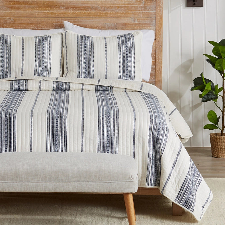 3-Piece Stripe Quilt - Wesley Collection Navy-Set-BH Collective-Full / Queen-Wesley - White/Green-Urbanheer