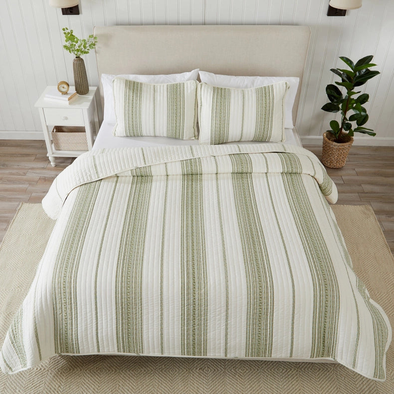 3-Piece Stripe Quilt - Wesley Collection Wesley - White/Green-Set-BH Collective-Full / Queen-Wesley - White/Green-Urbanheer
