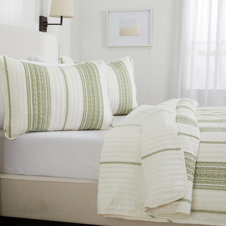 3-Piece Stripe Quilt - Wesley Collection Wesley - White/Green-Set-BH Collective-Full / Queen-Wesley - White/Green-Urbanheer