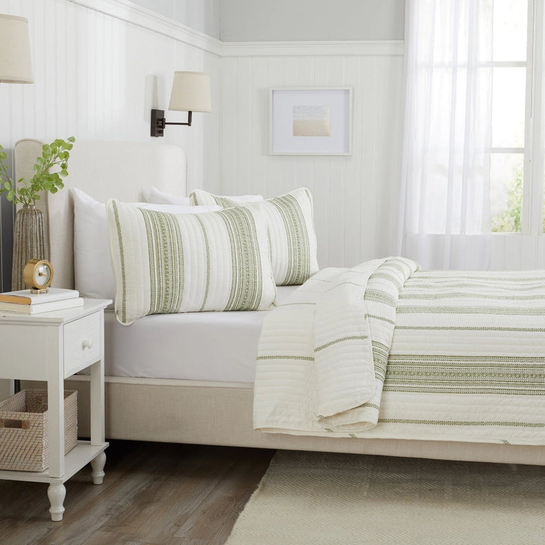 3-Piece Stripe Quilt - Wesley Collection Wesley - White/Green-Set-BH Collective-Full / Queen-Wesley - White/Green-Urbanheer