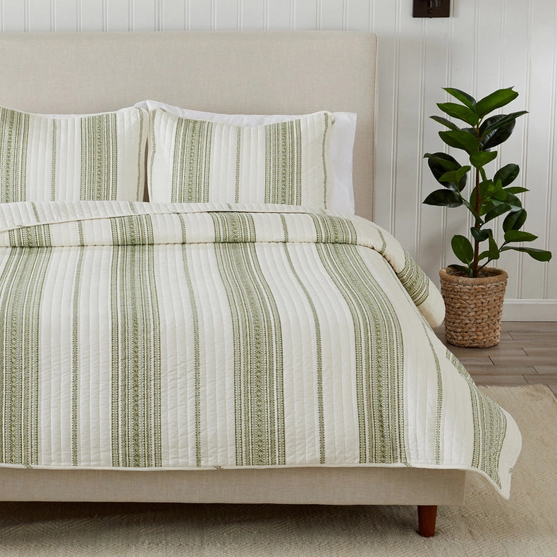 3-Piece Stripe Quilt - Wesley Collection Wesley - White/Green-Set-BH Collective-Full / Queen-Wesley - White/Green-Urbanheer
