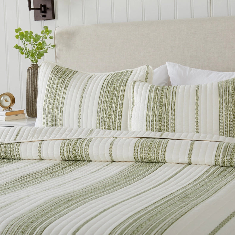 3-Piece Stripe Quilt - Wesley Collection Wesley - White/Green-Set-BH Collective-Full / Queen-Wesley - White/Green-Urbanheer