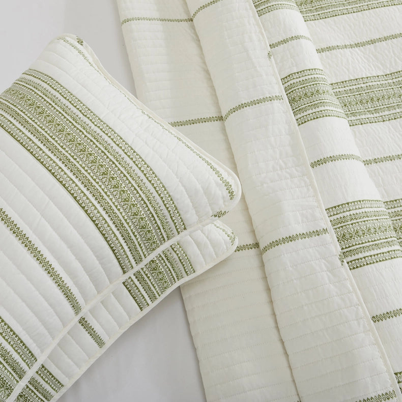 3-Piece Stripe Quilt - Wesley Collection Wesley - White/Green-Set-BH Collective-Full / Queen-Wesley - White/Green-Urbanheer