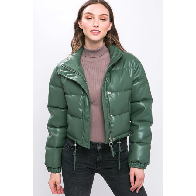Faux Leather Puffer Jacket Green
