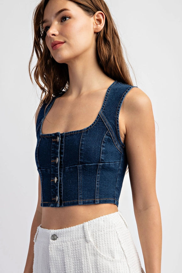 Stretch Denim Sleeveless Button Crop Top-Top-EDIT by NINE-Denim Blue-S-Urbanheer