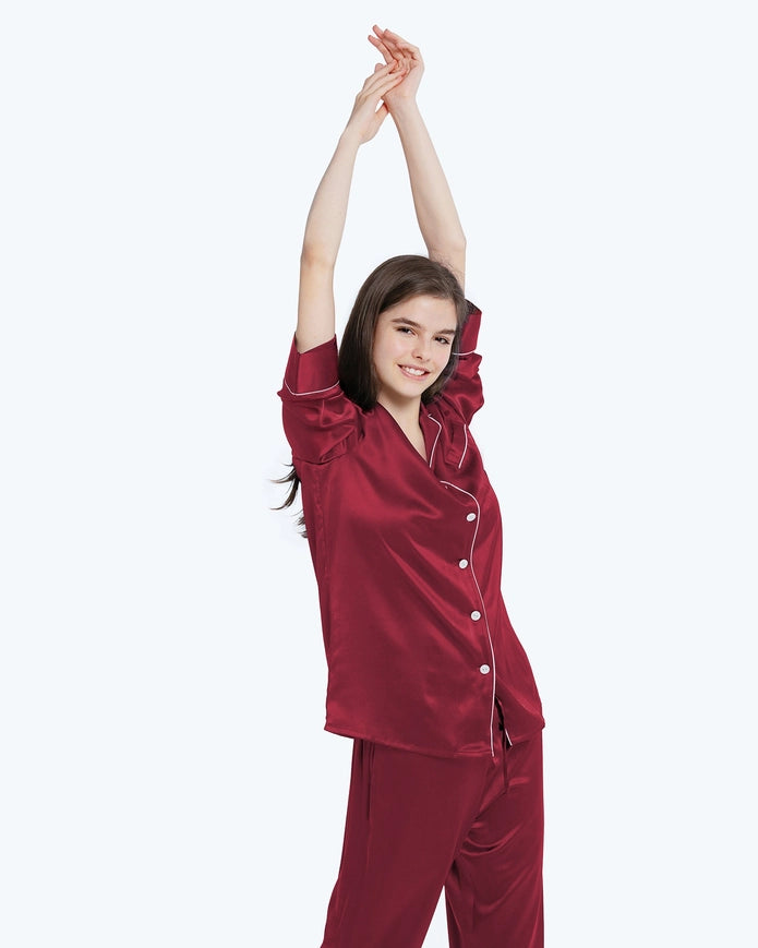His & Hers Piped Silk Pajamas Claret-Pajamas-MommeSilk-XS-Men's-Urbanheer