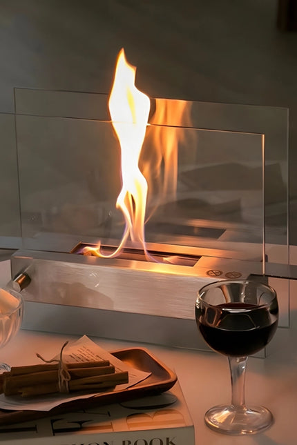 Silver Bio-Ethanol Tabletop Glass Fire Pit-Fire Pit-EP Design Lab-13.8"L x 5.1"W x 12"H-Urbanheer