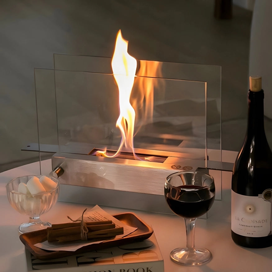 Silver Bio-Ethanol Tabletop Glass Fire Pit-Fire Pit-EP Design Lab-13.8"L x 5.1"W x 12"H-Urbanheer