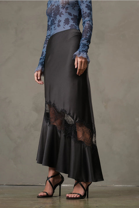 Satin Bias Lace Panel Skirt