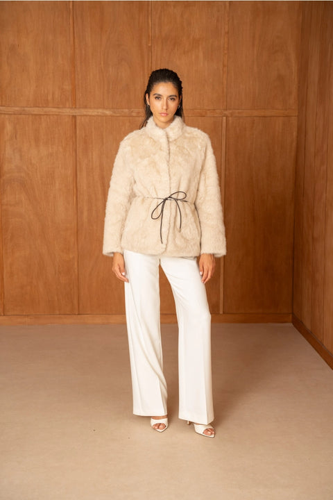 Mid-Length Belted Jacket with A High Faux-Fur Collar