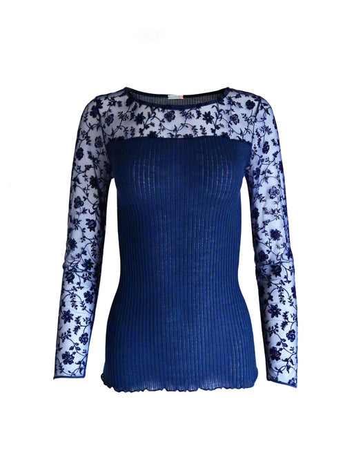 Egi Exclusive Collections Merino Wool Blend Top With Tulle Trim.-Byzantium Hemera-Small/Medium-Bleu-Urbanheer