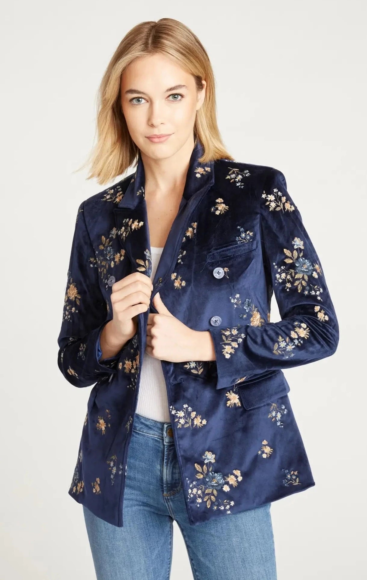 Velvet Blazer In Navy X Speck Embroidery-Clothing - Women-Driftwood-S-Urbanheer